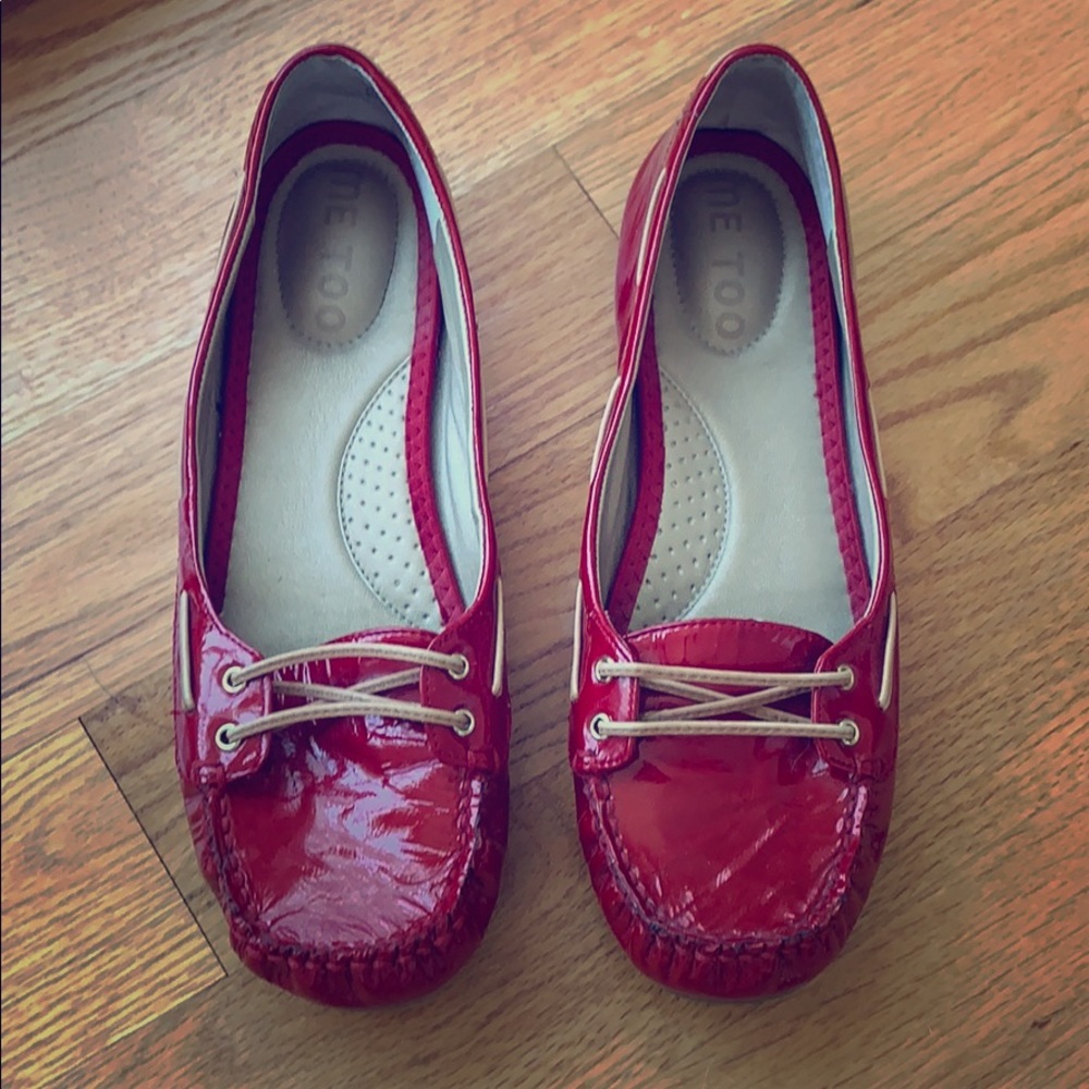 Red leather comfy flats.